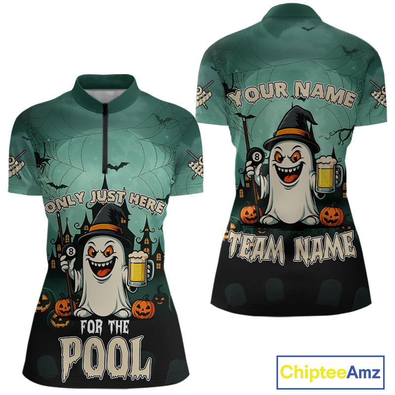 Only Just Here For The Pool Custom Halloween Billiard Shirt For Women, Funny Ghostly Billiard Jersey TDM4950