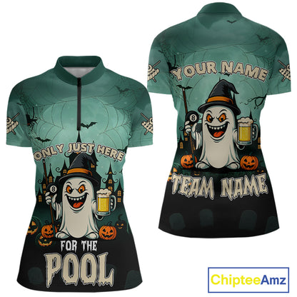 Only Just Here For The Pool Custom Halloween Billiard Shirt For Women, Funny Ghostly Billiard Jersey TDM4950