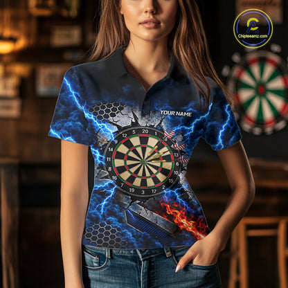 Blue Lightning Thunder Storm US Flag Eagle Darts Shirts For Women Custom Patriotic Darts Team Jersey TDM7786