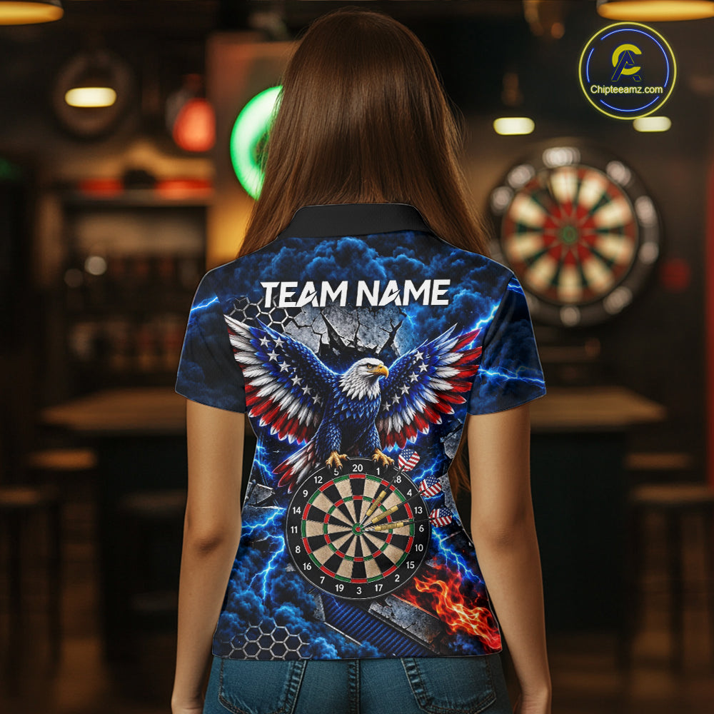 Blue Lightning Thunder Storm US Flag Eagle Darts Shirts For Women Custom Patriotic Darts Team Jersey TDM7786