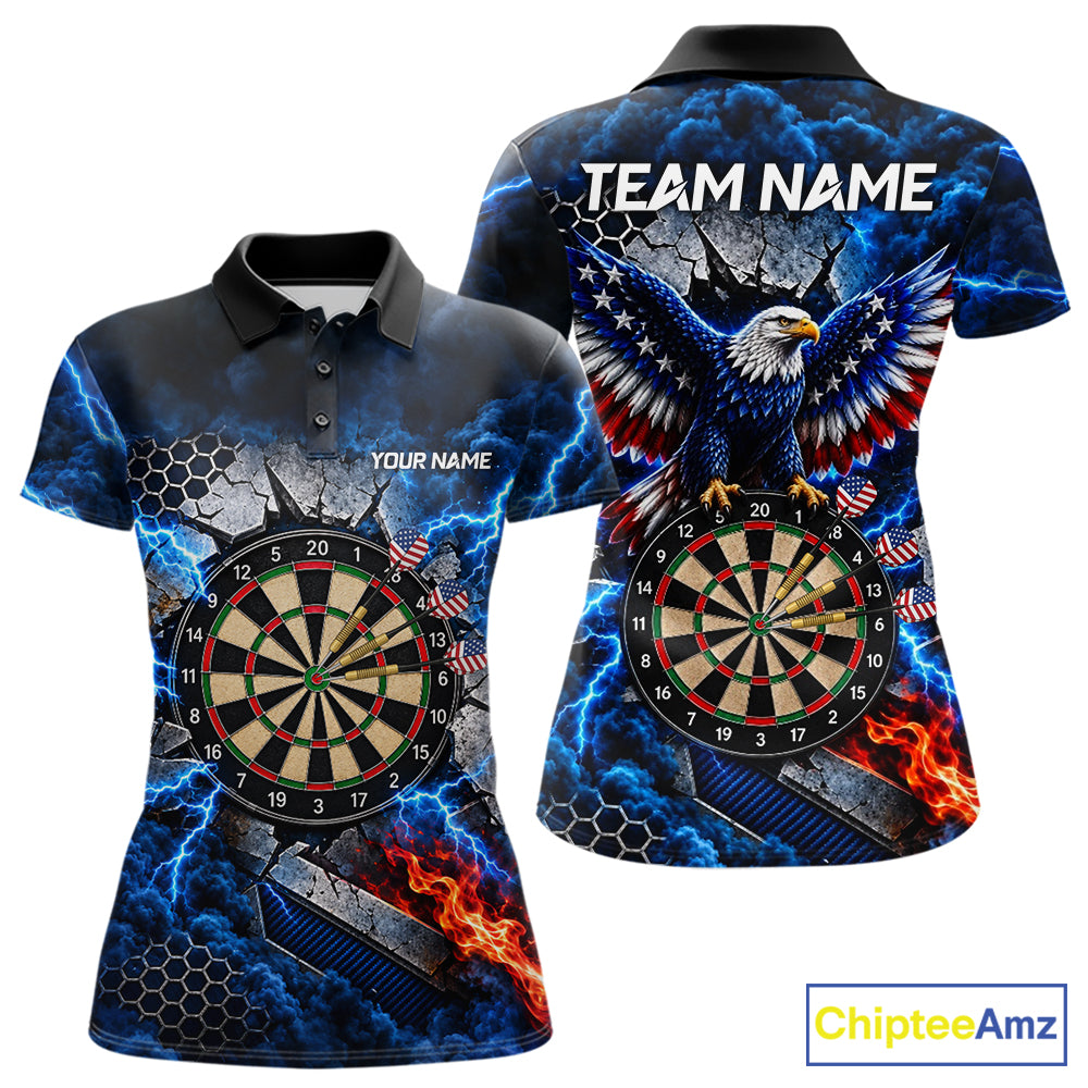 Blue Lightning Thunder Storm US Flag Eagle Darts Shirts For Women Custom Patriotic Darts Team Jersey TDM7786