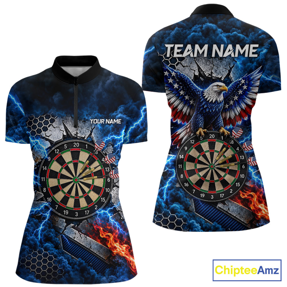 Blue Lightning Thunder Storm US Flag Eagle Darts Shirts For Women Custom Patriotic Darts Team Jersey TDM7786