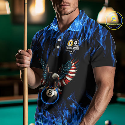 Blue Flaming American Flag Eagle 8 Ball & 9 Ball Billiard Shirt For Men Custom Pool Team Jersey TDM5652