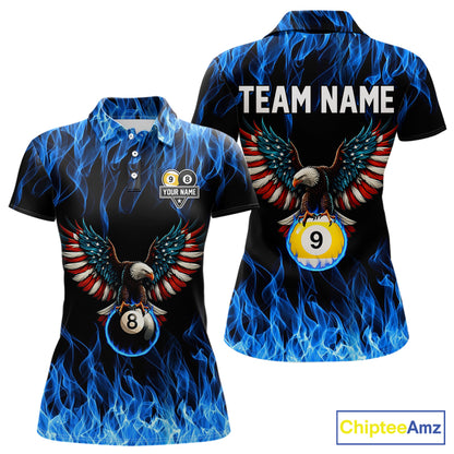 Blue Flaming American Flag Eagle 8 Ball & 9 Ball Billiard Shirt For Women Custom Pool Team Jersey TDM5652