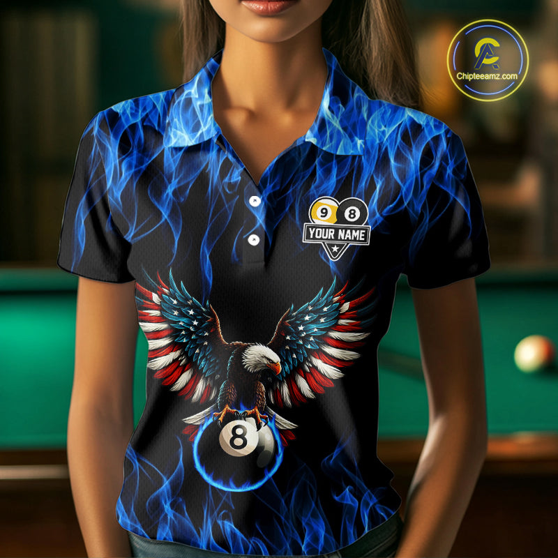 Blue Flaming American Flag Eagle 8 Ball & 9 Ball Billiard Shirt For Women Custom Pool Team Jersey TDM5652