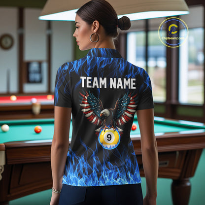 Blue Flaming American Flag Eagle 8 Ball & 9 Ball Billiard Shirt For Women Custom Pool Team Jersey TDM5652