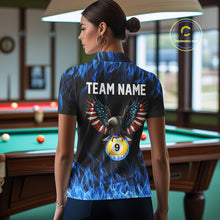 Load image into Gallery viewer, Blue Flaming American Flag Eagle 8 Ball &amp; 9 Ball Billiard Shirt For Women Custom Pool Team Jersey TDM5652