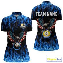 Load image into Gallery viewer, Blue Flaming American Flag Eagle 8 Ball &amp; 9 Ball Billiard Shirt For Women Custom Pool Team Jersey TDM5652