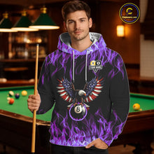 Load image into Gallery viewer, Purple Flaming American Flag Eagle 8 Ball &amp; 9 Ball Pool Hoodie Custom Billiard Hoodie Team Jersey TDM5653