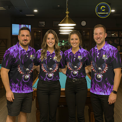 Purple Flaming American Flag Eagle 8 Ball & 9 Ball Billiard Shirt For Men Custom Pool Team Jersey TDM5653