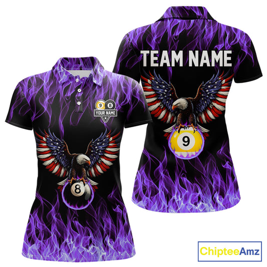 Purple Flaming American Flag Eagle 8 Ball & 9 Ball Billiard Shirt For Women Custom Pool Team Jersey TDM5653