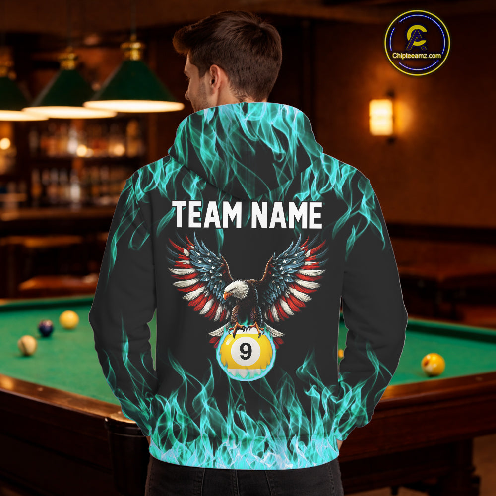 Turquoise Flaming American Flag Eagle 8 Ball & 9 Ball Pool Hoodie Custom Billiard Hoodie Team Jersey TDM5654