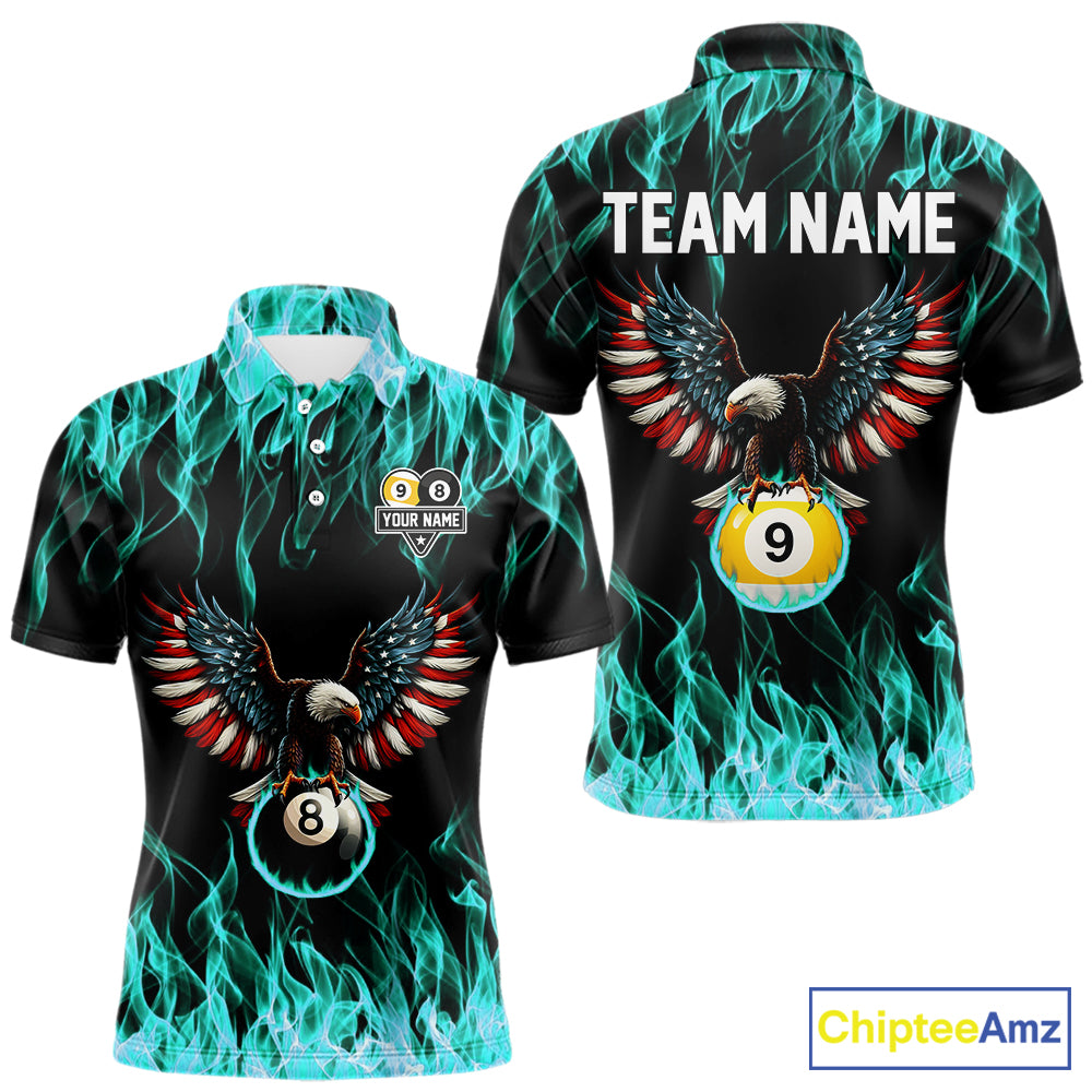 Turquoise Flaming American Flag Eagle 8 Ball 9 Ball Billiard Shirt For Men Custom Pool Team Jersey TDM5654