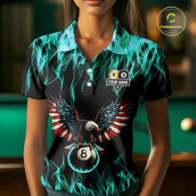 Load image into Gallery viewer, Turquoise Flaming American Flag Eagle 8 Ball 9 Ball Billiard Shirt For Women Custom Pool Team Jersey TDM5654