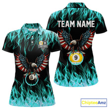 Load image into Gallery viewer, Turquoise Flaming American Flag Eagle 8 Ball 9 Ball Billiard Shirt For Women Custom Pool Team Jersey TDM5654