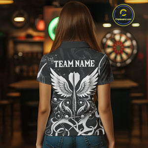 Grey And Black Custom Wings Darts Shirt For Women, Darts Jersey Pocket Option TDM3841