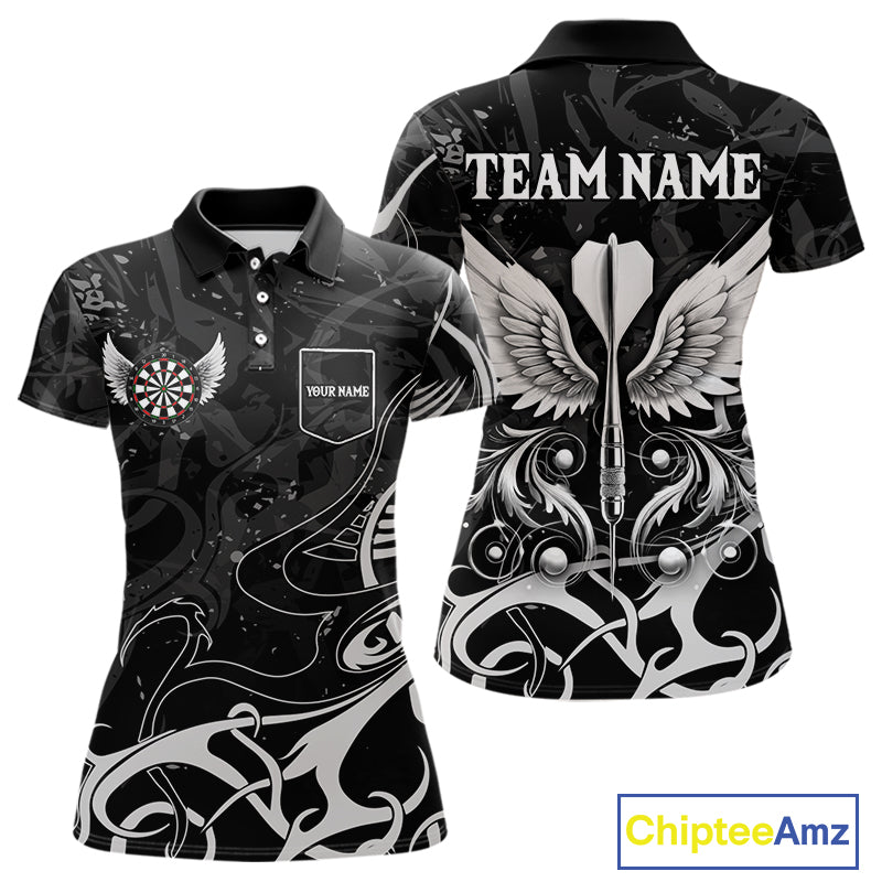Grey And Black Custom Wings Darts Shirt For Women, Darts Jersey Pocket Option TDM3841