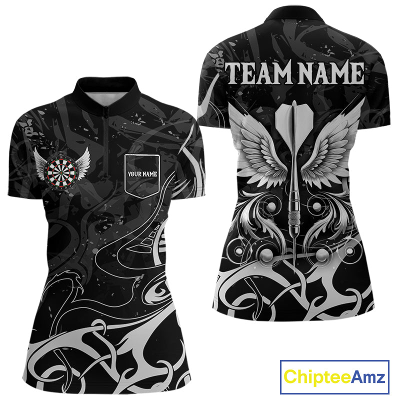 Grey And Black Custom Wings Darts Shirt For Women, Darts Jersey Pocket Option TDM3841