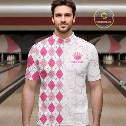 Personalized Pink Argyle Bowling Jersey For Men Custom Bowling Shirt Team Polo & 1/4 Zip TDM6265