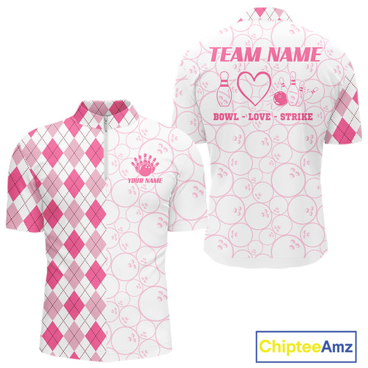 Personalized Pink Argyle Bowling Jersey For Men Custom Bowling Shirt Team Polo & 1/4 Zip TDM6265