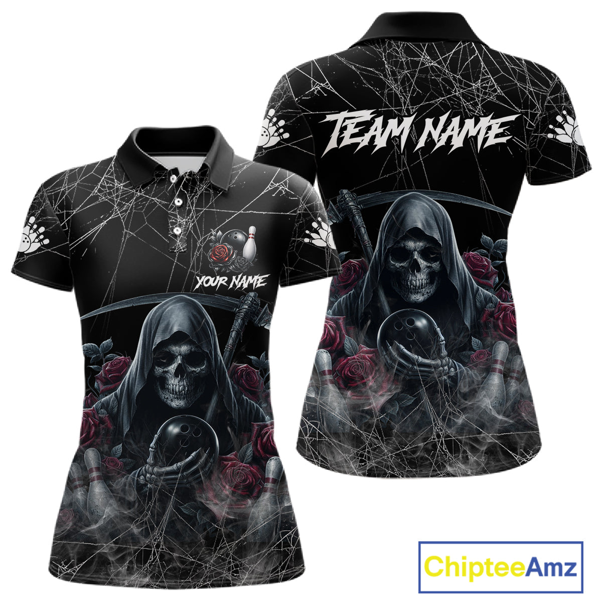 Grim Reaper And Roses Custom Bowling Shirt For Women, Bowling Team Jersey Polo & Quarter Zip TDM6272