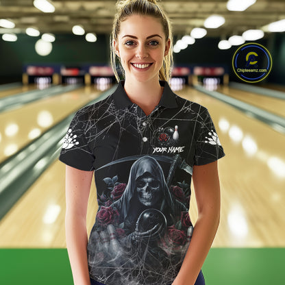 Grim Reaper And Roses Custom Bowling Shirt For Women, Bowling Team Jersey Polo & Quarter Zip TDM6272