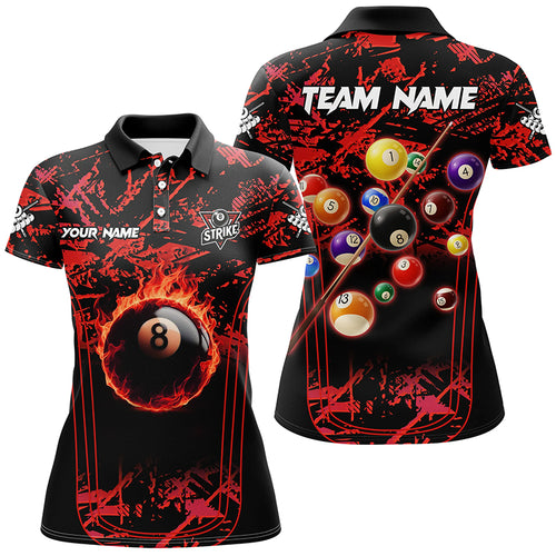 Red Grunge Strike 8 Ball Pool Fire Custom Women Polo & Quarter-Zip Shirt, Billiard Balls Team Jersey TDM1761