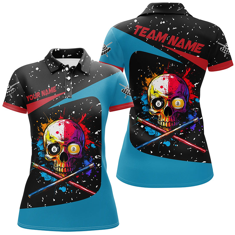 Personalized Colorful Skull 8 Ball 9 Ball Billiard Shirts For Women Custom Grunge Billiard Jerseys TDM2164