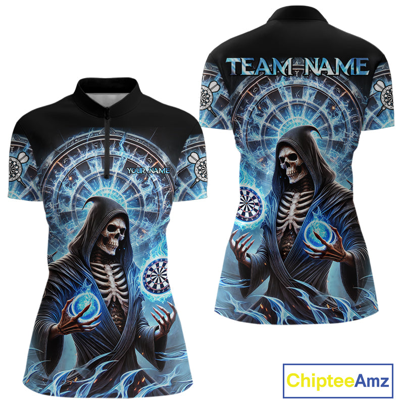 Funny Blue Icy Dartboard Grim Reaper Shirt Custom Darts Jersey Team Polo & 1/4 Zip For Women TDM4527