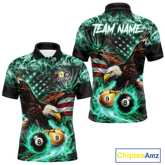 Turquoise Flaming Eagle 8 Ball 9 Ball Pool Billiard Shirt For Men Custom US Flag Billiard Jersey TDM7162
