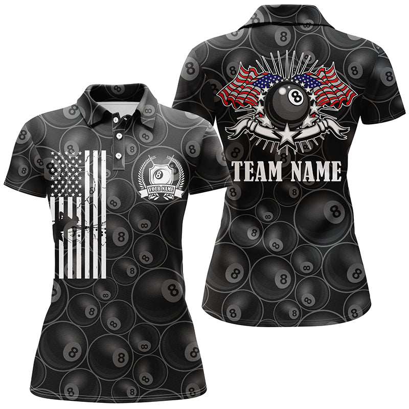 Customized Billiards Polo Shirts For Women, 8 Ball Billiards Pattern American Flag Patriotic Shirts TDM0070