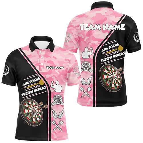 Aim Focus Throw Repeat Custom Pink Camouflage Darts Shirts For Men, Funny Saying Dart Jerseys TDM2930