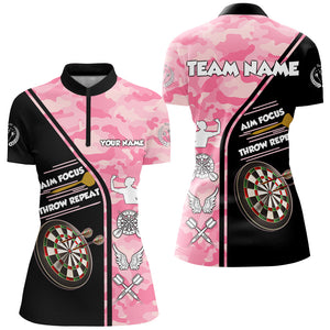 Aim Focus Throw Repeat Custom Pink Camouflage Darts Shirts For Women, Funny Saying Dart Jerseys TDM2930