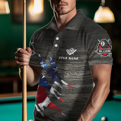 Personalized Grey Grunge American Flag Billiard Shirts For Men Custom Patriotic Billiard Jerseys TDM3379