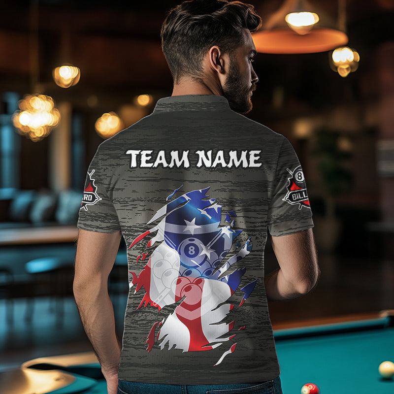 Personalized Grey Grunge American Flag Billiard Shirts For Men Custom Patriotic Billiard Jerseys TDM3379