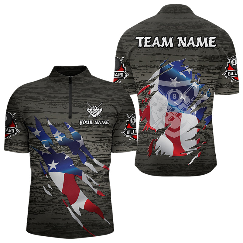 Personalized Grey Grunge American Flag Billiard Shirts For Men Custom Patriotic Billiard Jerseys TDM3379