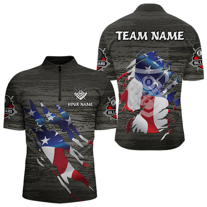 Personalized Grey Grunge American Flag Billiard Shirts For Men Custom Patriotic Billiard Jerseys TDM3379