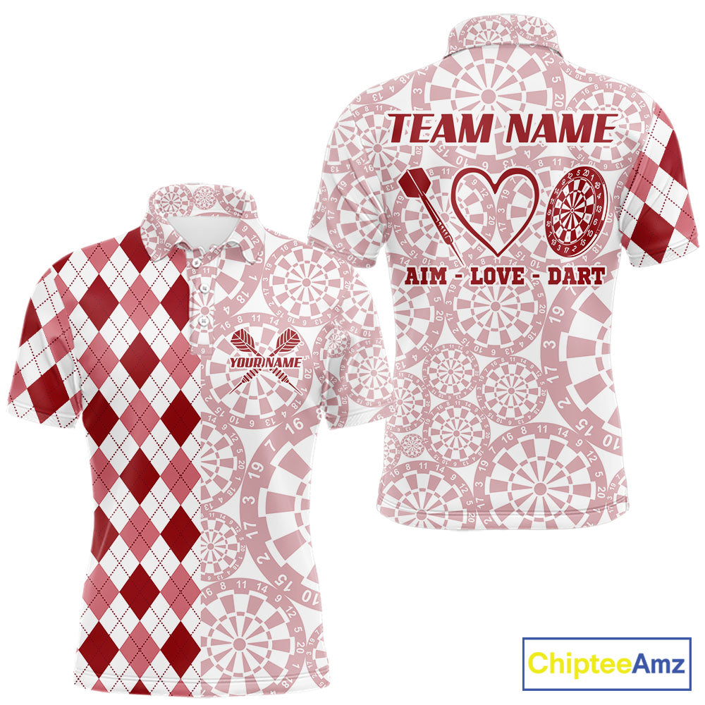 Aim Love Darts Custom Red Argyle Men Darts Polo & 1/4 Shirts, Funny Darts Shirts Darts Team Jersey TDM5661