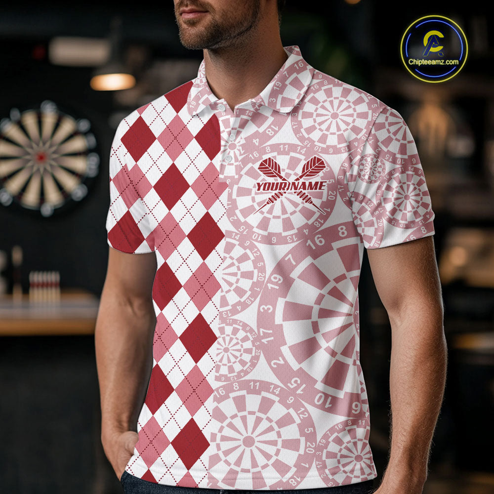 Aim Love Darts Custom Red Argyle Men Darts Polo & 1/4 Shirts, Funny Darts Shirts Darts Team Jersey TDM5661