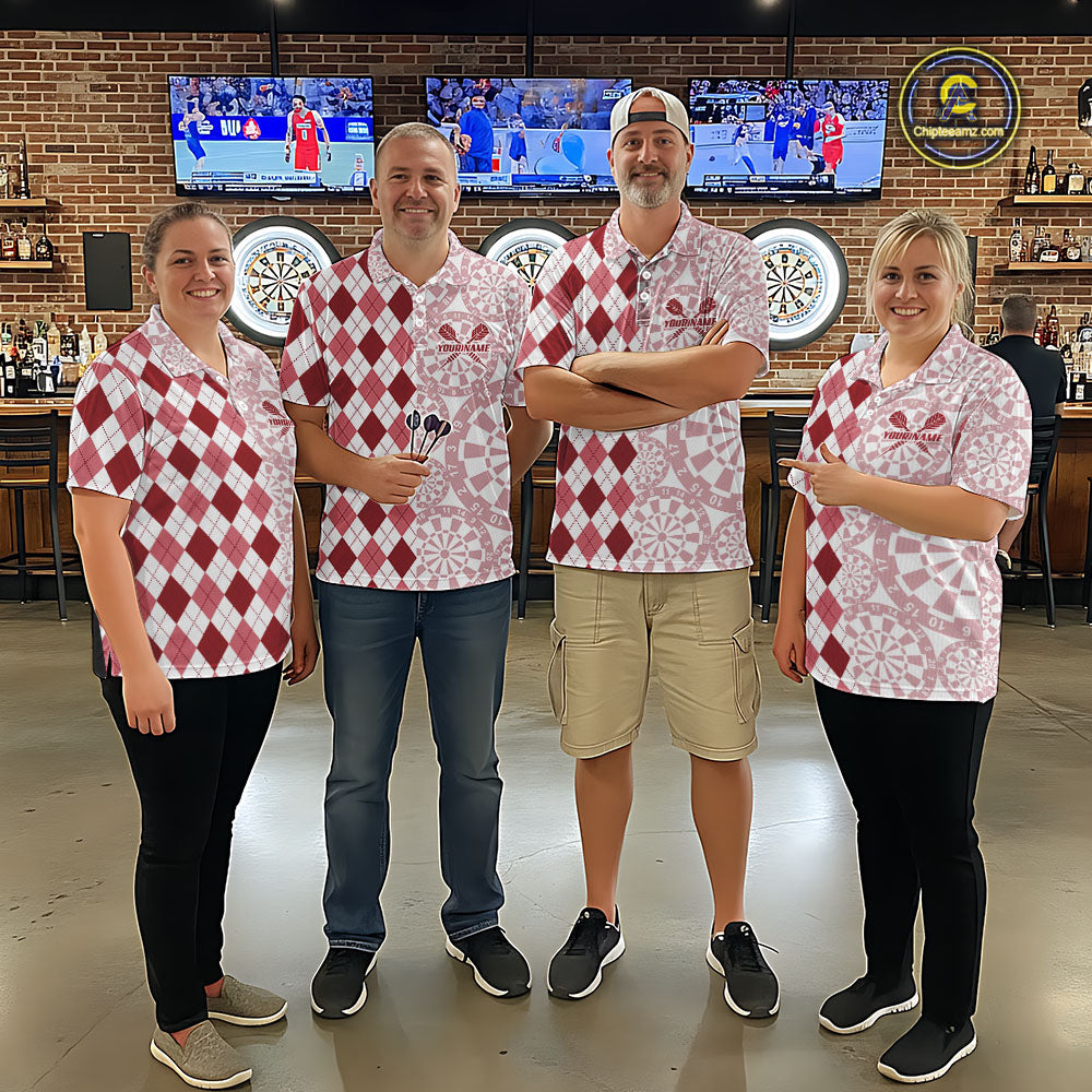 Aim Love Darts Custom Red Argyle Women Darts Polo & 1/4 Shirts, Funny Darts Shirts Darts Team Jersey TDM5661