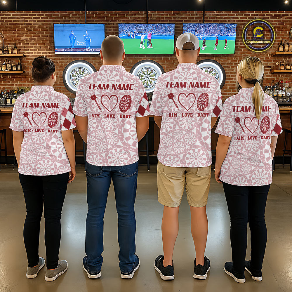 Aim Love Darts Custom Red Argyle Women Darts Polo & 1/4 Shirts, Funny Darts Shirts Darts Team Jersey TDM5661