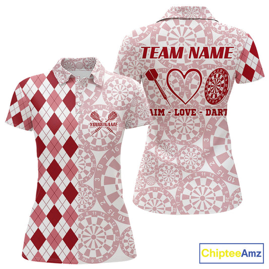 Aim Love Darts Custom Red Argyle Women Darts Polo & 1/4 Shirts, Funny Darts Shirts Darts Team Jersey TDM5661