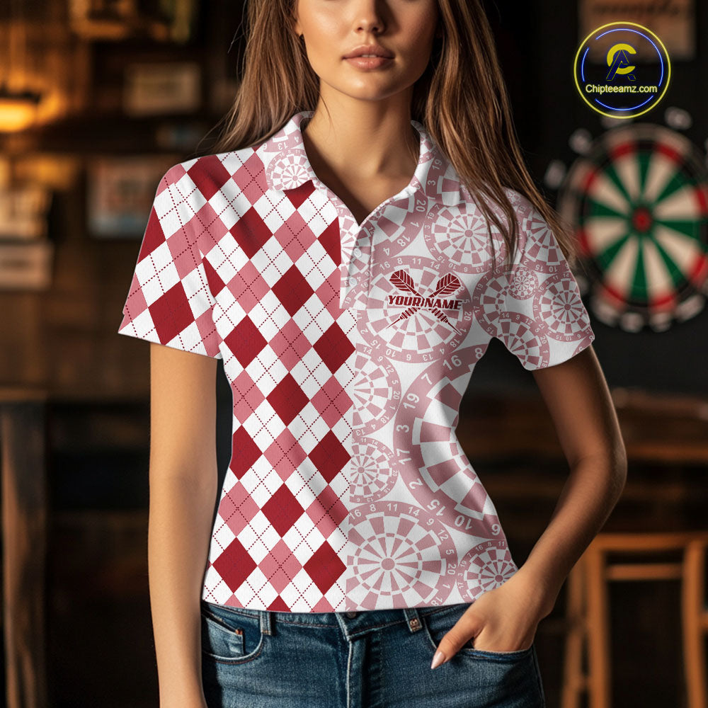 Aim Love Darts Custom Red Argyle Women Darts Polo & 1/4 Shirts, Funny Darts Shirts Darts Team Jersey TDM5661