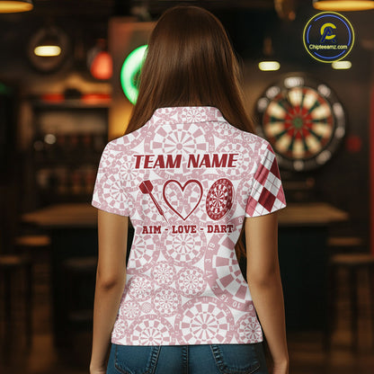 Aim Love Darts Custom Red Argyle Women Darts Polo & 1/4 Shirts, Funny Darts Shirts Darts Team Jersey TDM5661