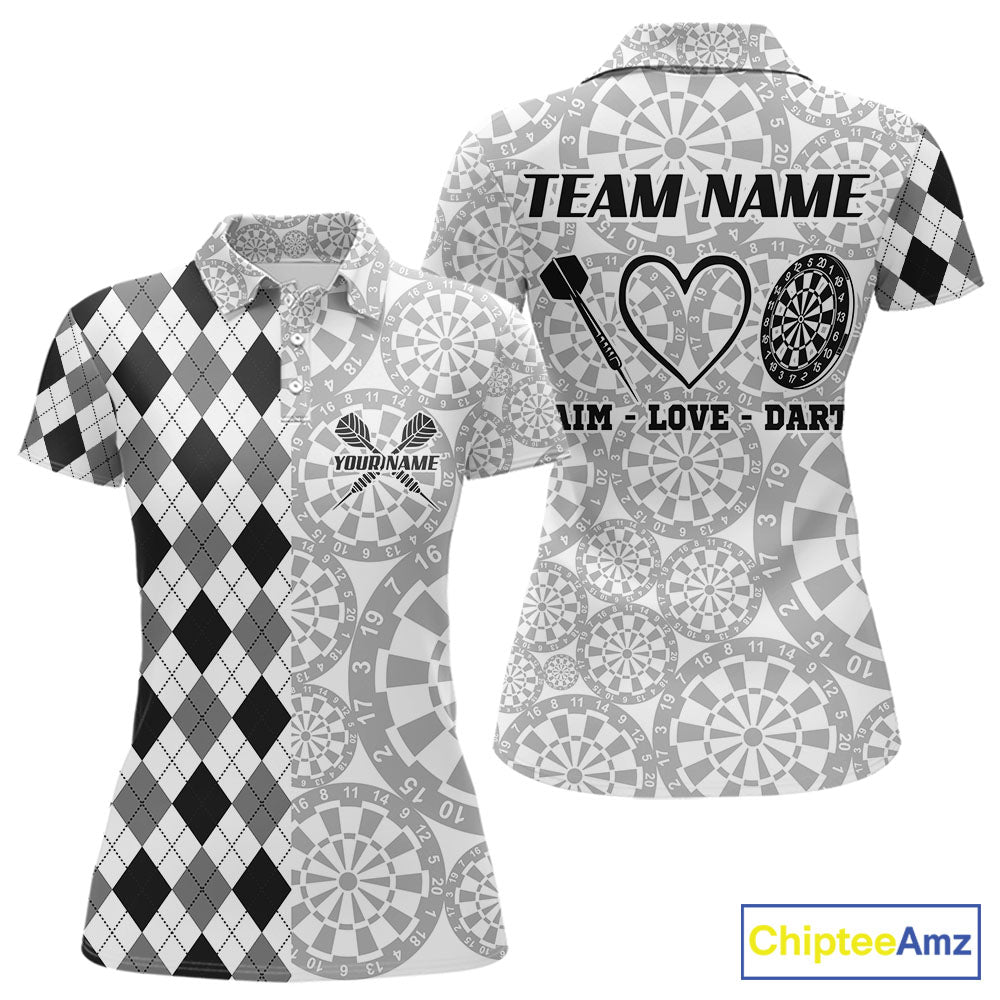 Aim Love Darts Custom Black Argyle Women Darts Polo & 1/4 Shirt, Funny Darts Shirts Dart Team Jersey TDM5662
