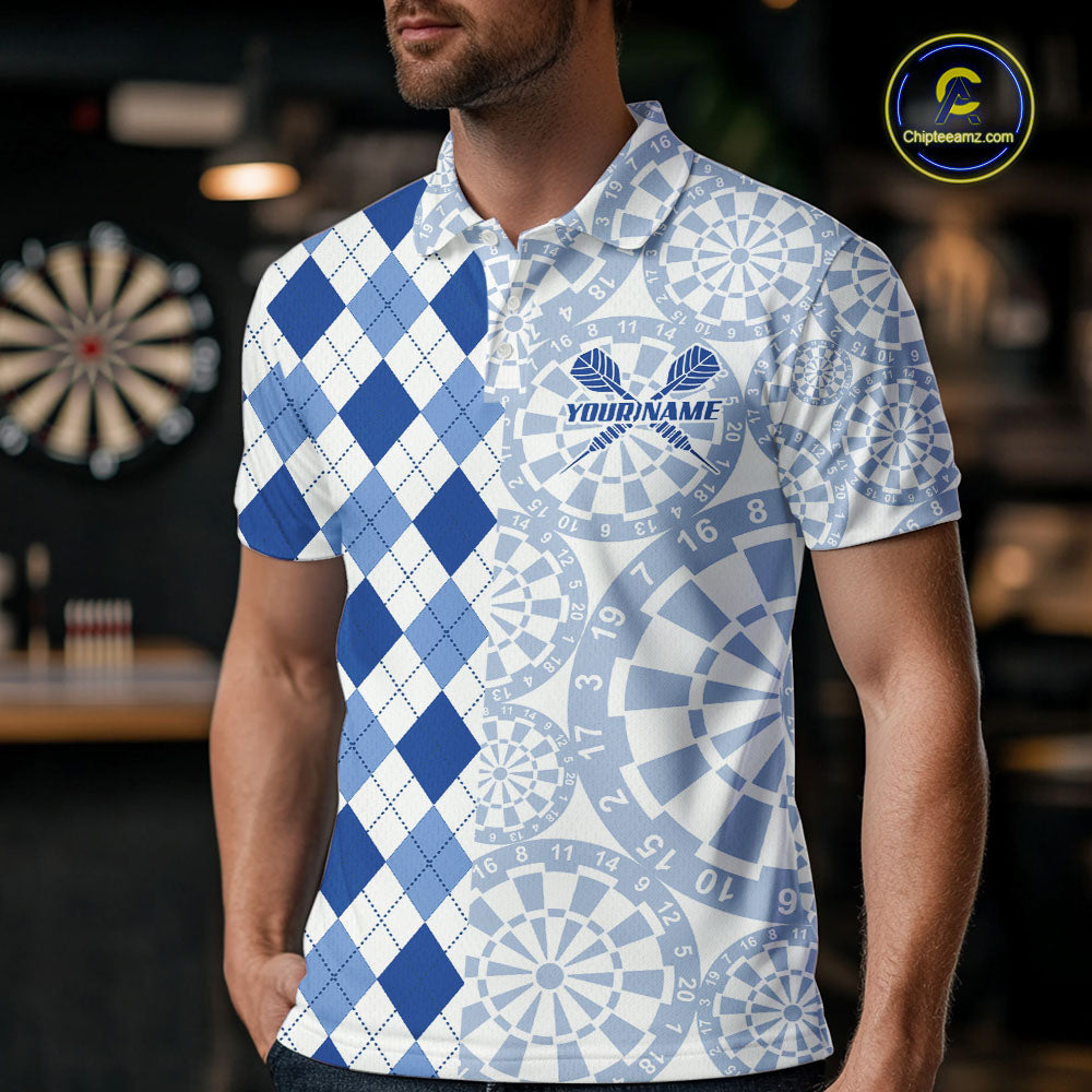 Aim Love Darts Custom Blue Argyle Men Darts Polo & 1/4 Shirts, Funny Darts Shirts Dart Team Jersey TDM5663