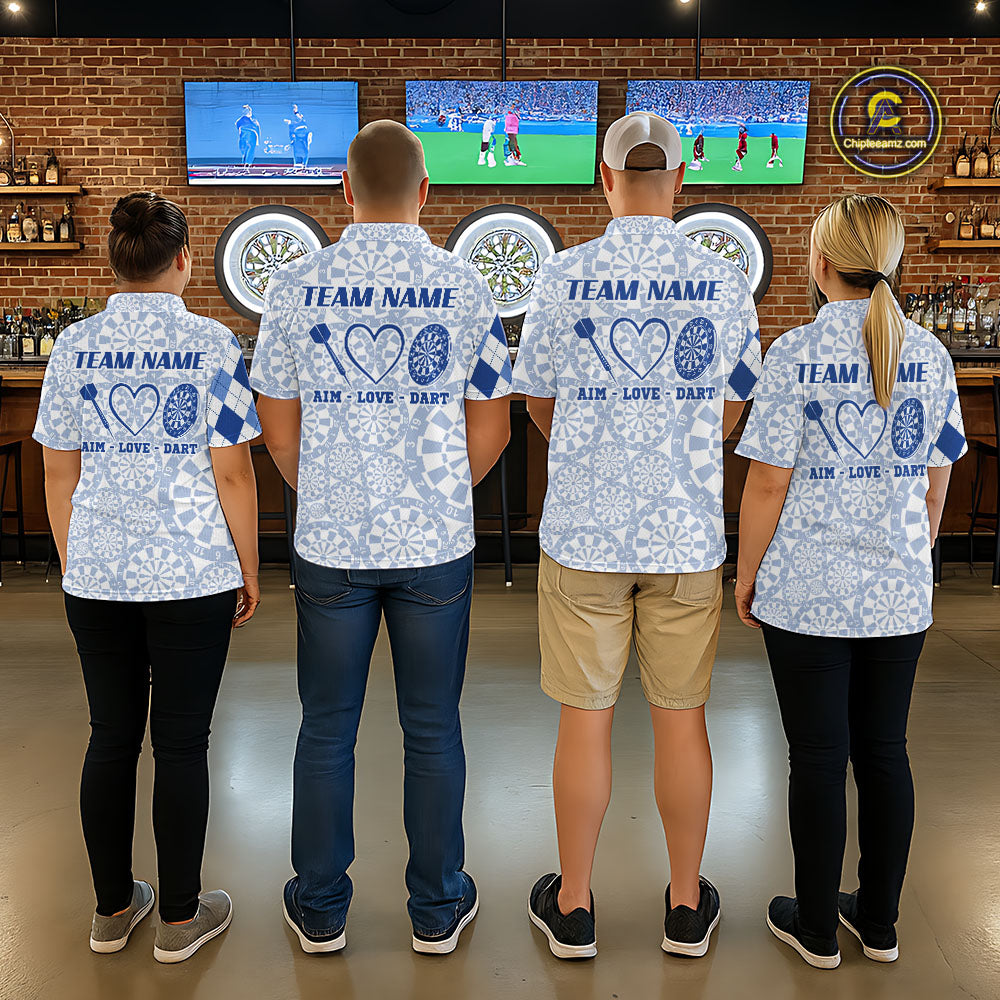 Aim Love Darts Custom Blue Argyle Women Darts Polo & 1/4 Shirts, Funny Darts Shirts Dart Team Jersey TDM5663
