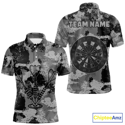 Custom Grunge Grey Camo Arrow Darts Shirts For Men, Retro Darts Jersey Team Polo & 1/4 Zip TDM5665