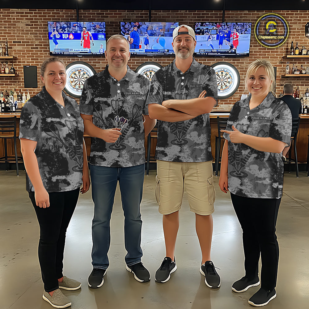 Custom Grunge Grey Camo Arrow Darts Shirts For Men, Retro Darts Jersey Team Polo & 1/4 Zip TDM5665