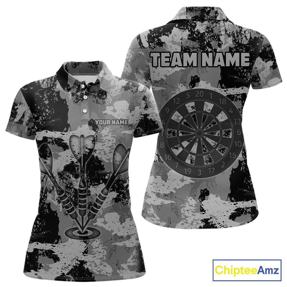 Custom Grunge Grey Camo Arrow Darts Shirts For Women, Retro Darts Jersey Team Polo & 1/4 Zip TDM5665